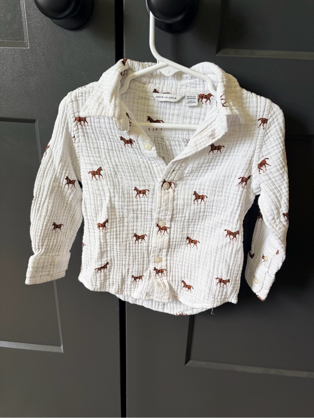 Janie and Jack White Button-Down Shirt with Brown Horse Print
